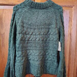 ST. JOHN’S BAY DARK GREEN CABLE-KNIT PULLOVER SWEATER MOCK NECK WOMEN’S M CHUNKY
